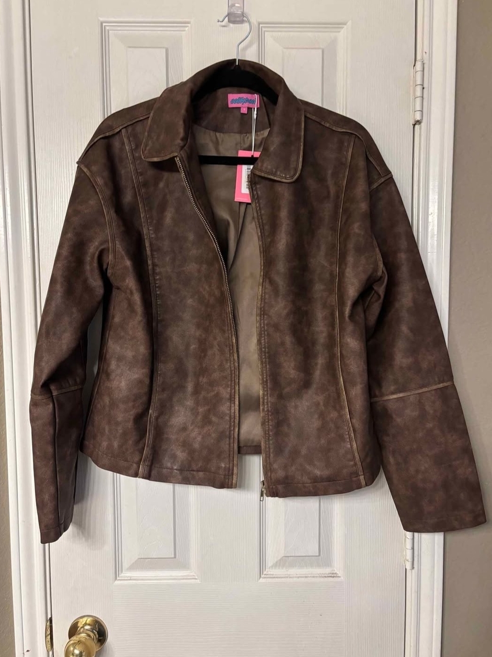 Edikted Brown Faux Leather Zip Jacket